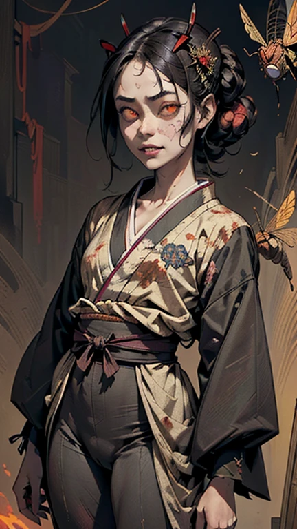 (,(masterpiece), (High resolution), (Very delicate), (masterpiece: 1.2, highest quality),  Japanese painting, whole body,(snap shot), Flat Illustration, Creepy Appearance, Unique atmosphere、A man surrounded by a multitude of insects、Grotesque background、Zombie with glowing eyes behind the girl
