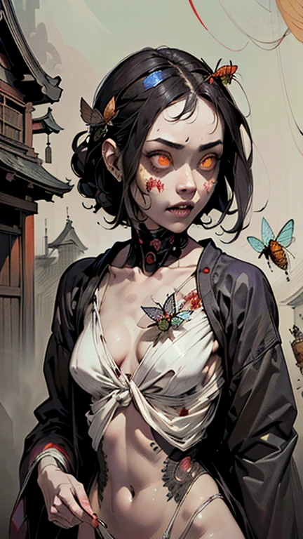 (,(masterpiece), (High resolution), (Very delicate), (masterpiece: 1.2, highest quality), Japanese painting, whole body,(snap shot), Flat Illustration, Creepy Appearance, Unique atmosphere、A man surrounded by a multitude of insects、Grotesque background、Zombie with glowing eyes behind the girl