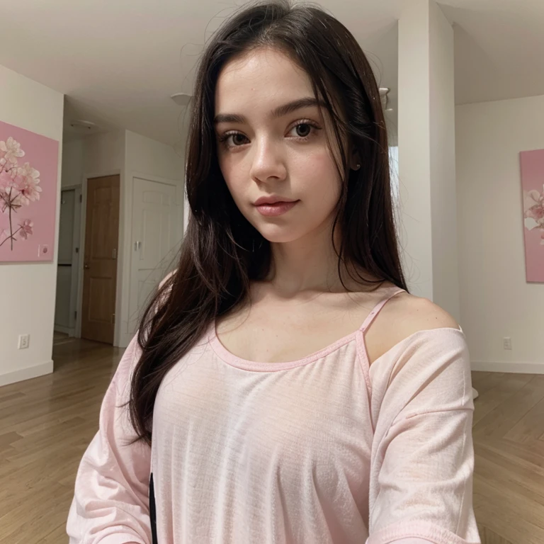 Selfie wearing pink, pale girl, black hair