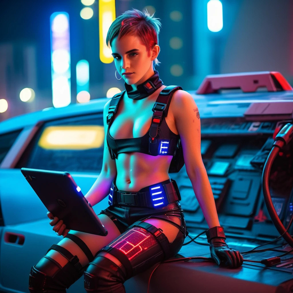A young female hacker sitting on the hood of an APC in a cyberpunk metropolis facing the viewer, right arm resting on her waist, left arm held forward holding a transparent smart tablet, short undercut haircut, immaculate skin, thoughtful look on her face, sweat on her skin, full lips, small breasts, strong legs, fullbody black and red skintight cyberpunk underarmor with intricate hexagon pattern, synthetic utility vest with attached wearable computer, black leather utility belt with multimeter and some probes attached, thigh high black latex boots, cutoff white gloves, no makeup, natural fingernails, emma watson, edgFut_clothing, neons, electric circuits