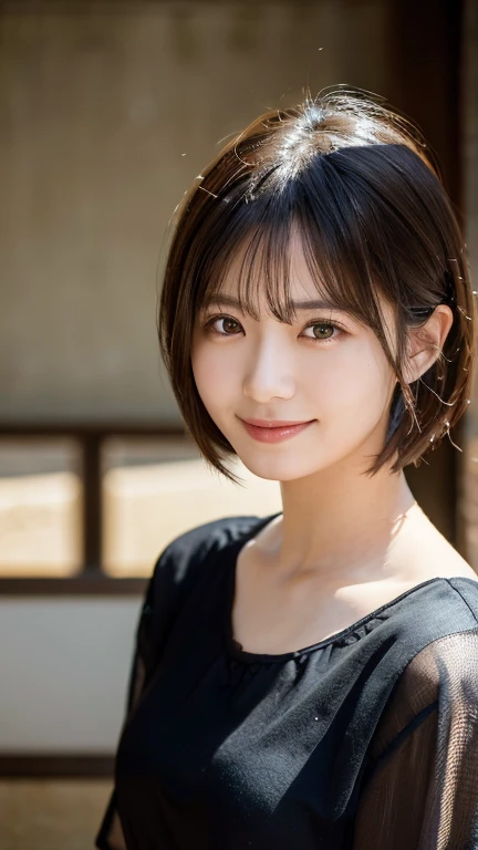 (highest quality,masterpiece:1.3,Ultra-high resolution),(Very detailed,Caustics,8k),(Realistic:1.4,RAW shooting),Japanese,28 years old,cute,I'm looking at the camera with a smile on my face,Black Hair,short hair,Duck mouth,Natural Makeup,big ,See-through,Dark brown blouse,Bust up shot,Warm Light,Natural light,Professional Writing