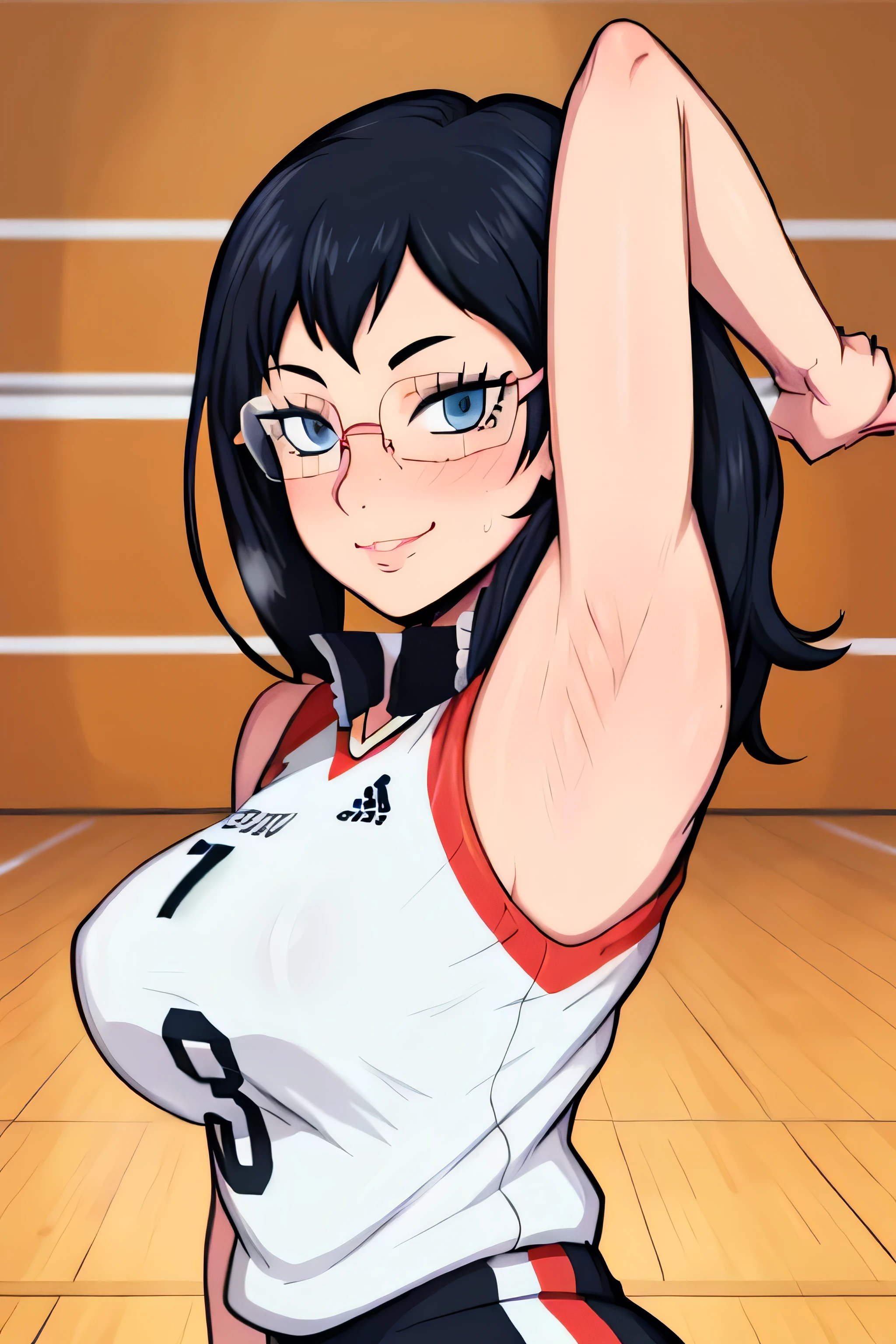 masterpiece, best quality, shimizu kiyoko looking at viewer, black hair, blue eyes color, large breasts, upper body, portrait, looking at viewer, seductive smile,both hands raised, armpits, armpits visible, sweaty armpits, wearing volleyball uniform, wearing glasses