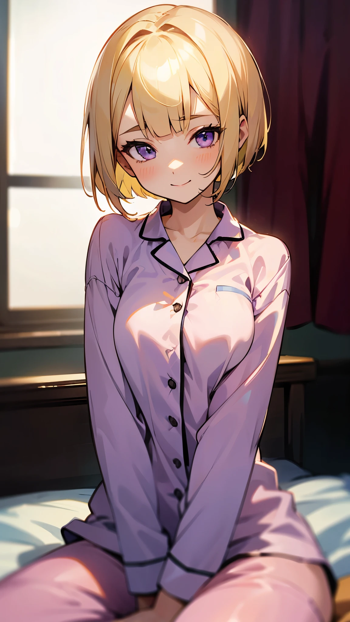 18-year-old girl sitting on bed、alone、Split seat、Anime style painting、Wearing pajamas、(blonde)、short hair、Bobcut、Blunt bangs、Beautiful purple eyes、smile、smile、The soft texture of pajamas、Upper body close-up、Red and black based colors、Background Blur、Depth of the drawn border