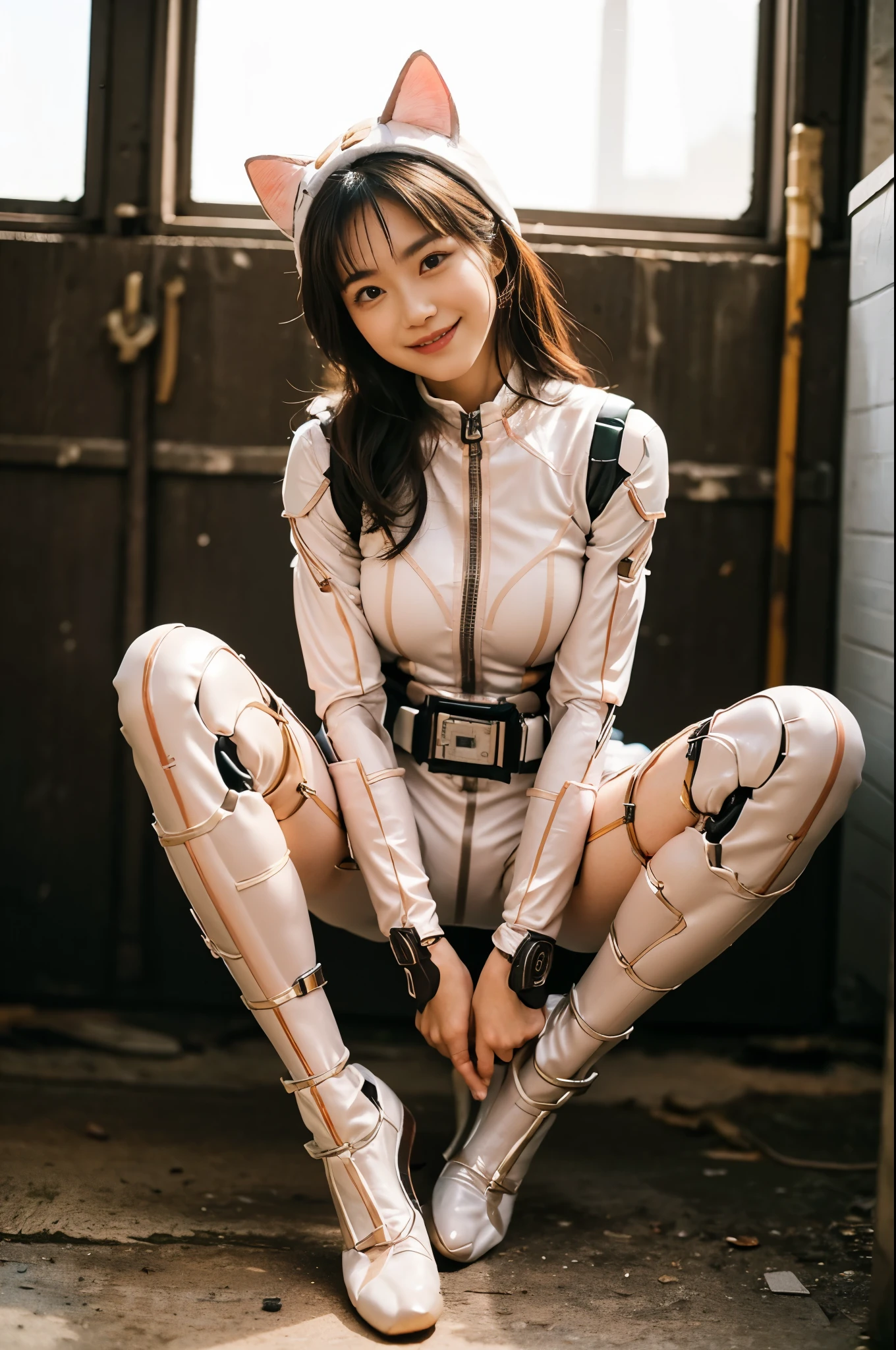 （super highest quality、In 8K、Delicate illustrations、high resolution、Whole Body Ezbian）、(She is wearing a cat costume、Sentai Hero Bodysuit、Mechanical Suit、Cat hero suit:1.5)、Beautiful and seductive 18 year old Japanese girl、lovely、Baby Face、slender、Small breasts、大きなsmile、smile、Brown eyes、cat war team、(Pink combat suit)、Desolate wilderness、(Sexy pose、Beautiful feet、Spread your legs)、