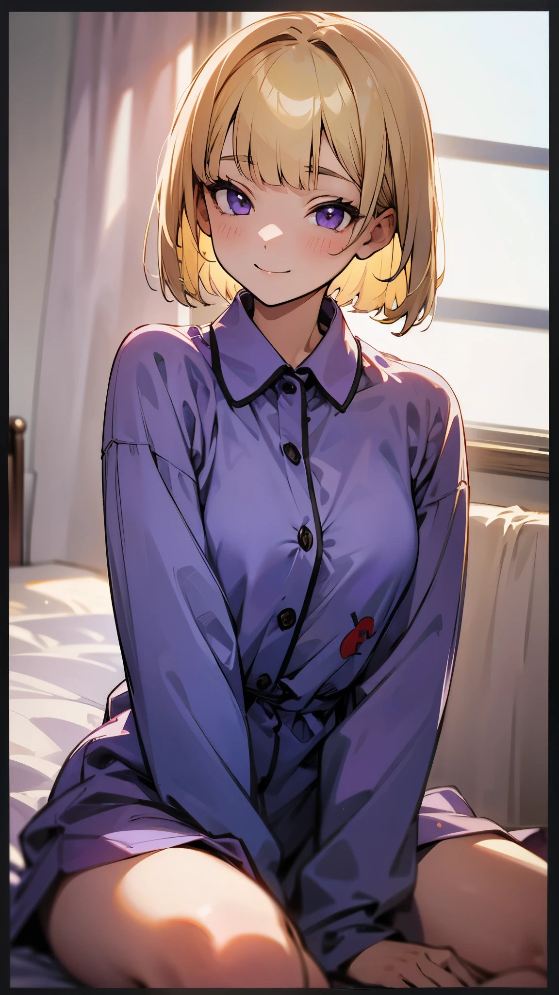 18-year-old girl sitting on bed、alone、Split seat、Anime style painting、Wearing pajamas、(blonde)、short hair、Bobcut、Blunt bangs、Beautiful purple eyes、smile、smile、The soft texture of pajamas、Upper body close-up、Red and black based colors、Background Blur、Depth of the drawn border