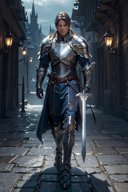 (master piece:1.5), (best quality:1.5), (exquisite lighting and shadow, highly dramatic picture, cinematic lens effect) (Photorealistic picture) (Card game image) highly detailed, realistic, cinematic lighting, studio quality, 8k, wallpaper, dynamic pose, anatomy correct, epic fantasy digital art, Epic composition, Male knight wearing a blue armor with silver accents, holding a great sword, castle gate behind at the distance, castle gate background
