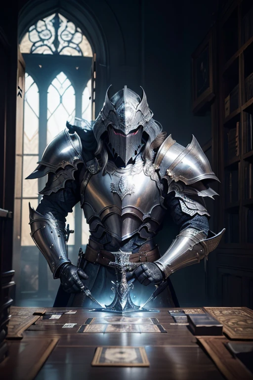 (master piece:1.5), (best quality:1.5), (exquisite lighting and shadow, highly dramatic picture, cinematic lens effect) (Photorealistic picture) (Card game image) highly detailed, realistic, cinematic lighting, studio quality, 8k, wallpaper, dynamic pose, ??????? correct, epic fantasy digital art, Epic composition, Male knight wearing a blue armor with silver accents, holding a great sword, castle gate behind at the distance,  castle gate background
