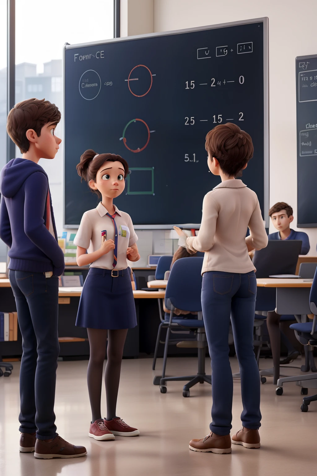 four students gathered around whiteboard, one of them is standing next to formula x^2