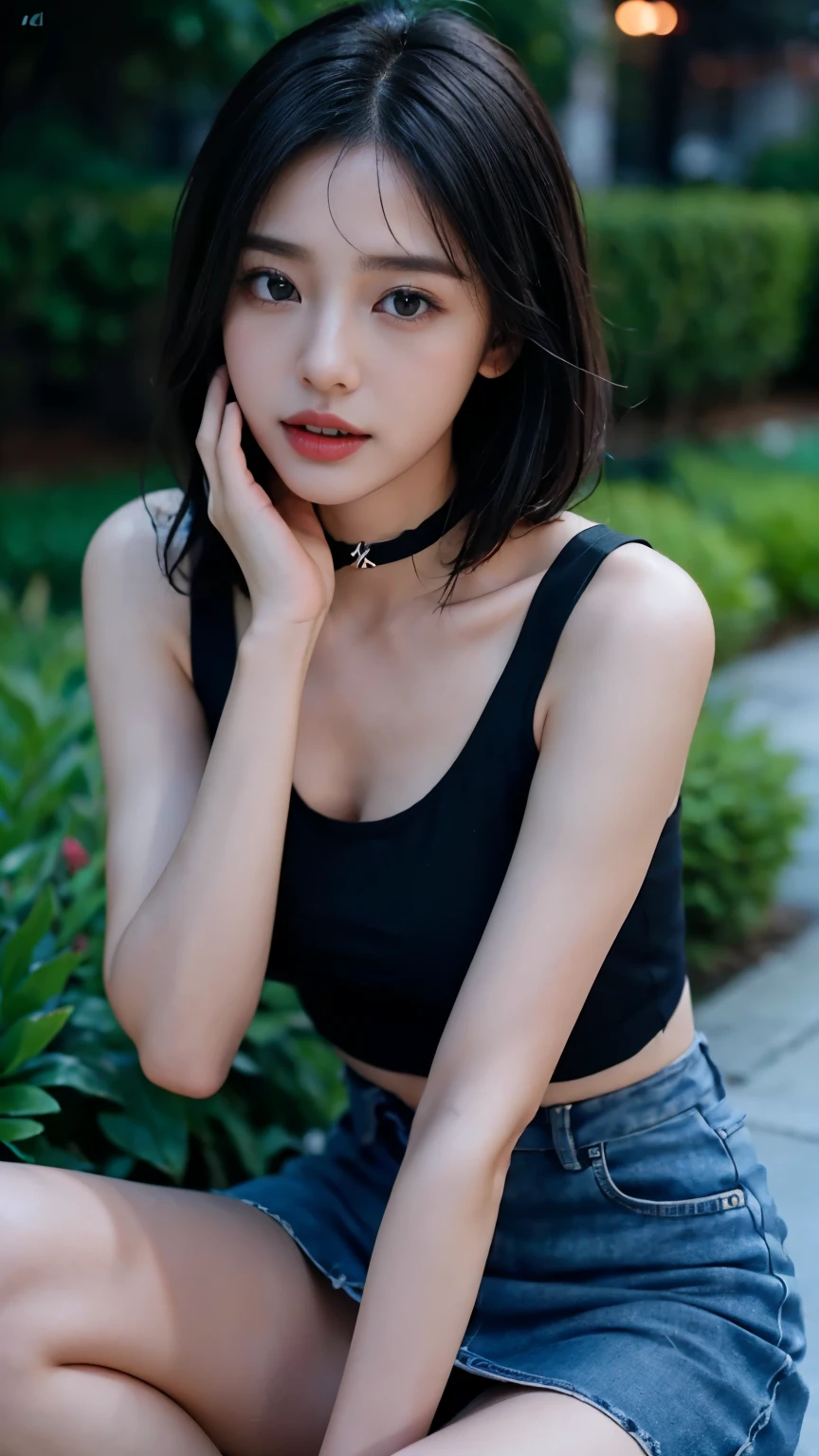 garden、((highest quality、8k、masterpiece:1.3))、Beautiful girl、1 female、Big Tits:1.3、Slim figure:1.1、Are crying:1.4、Black Hair、Very Short Hair、Racing Tank Top、Underbab、mini skirt、ダメージデニムmini skirt、choker、Ultra detailed face、Detailed lips、Detailed eyes、double eyelid、Kneel、Place your hands behind your head、
