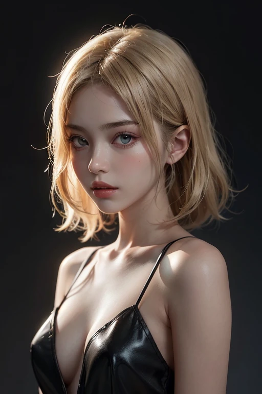 20 year old woman, Blonde, (Hyperfade:1.3), Dark theme, soothing color tones, muted colors, high contrast, (The skin texture is natural., Surreal, soft light, sharp)