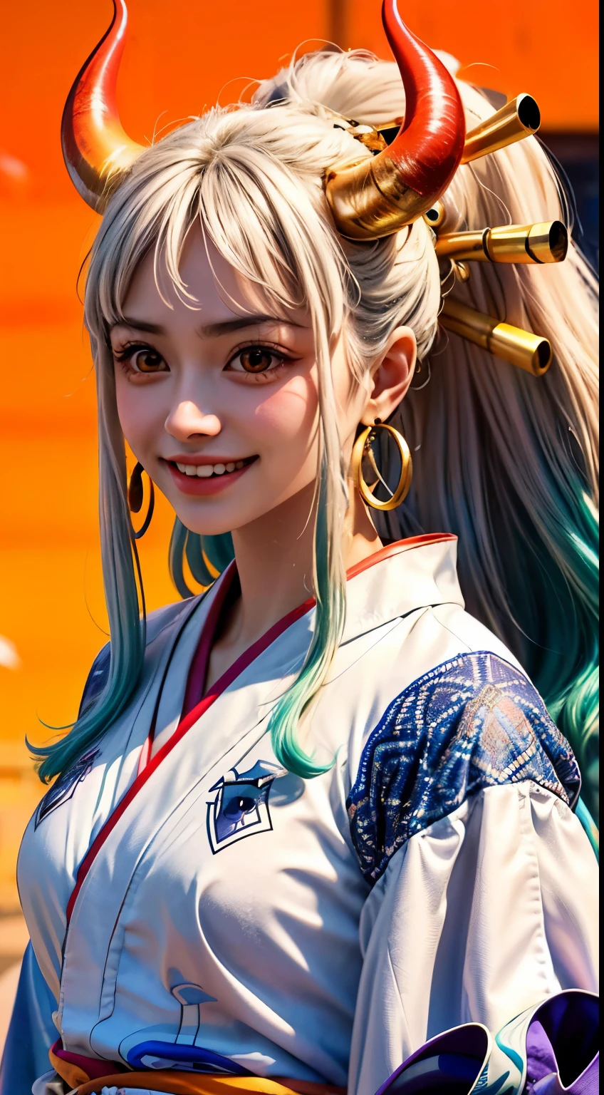 Tabletop, ((Very detailed背景, Delicate pattern, Intricate details)), (Very detailed, Fine details), highest quality,Beautiful lighting, (((Medium chest, Slim girl, とてもSlim girl))), (Cowboy Shot), Yamato V2, Long Hair, One Girl, horn, Gray Hair, alone, They are, 赤いhorn, 巻きhorn, hair ornaments, (multicolo赤いhorn), jewelry, Earrings, generally, kimono, Hairpin, Aqua Hair, Side Lock, hoop Earrings, Similarly, smile, 大きなsmile, ((Orange eyes)), Simple Background,Cowboy Shot,Whole Body Ezbian ,(Drawing from head to foot),