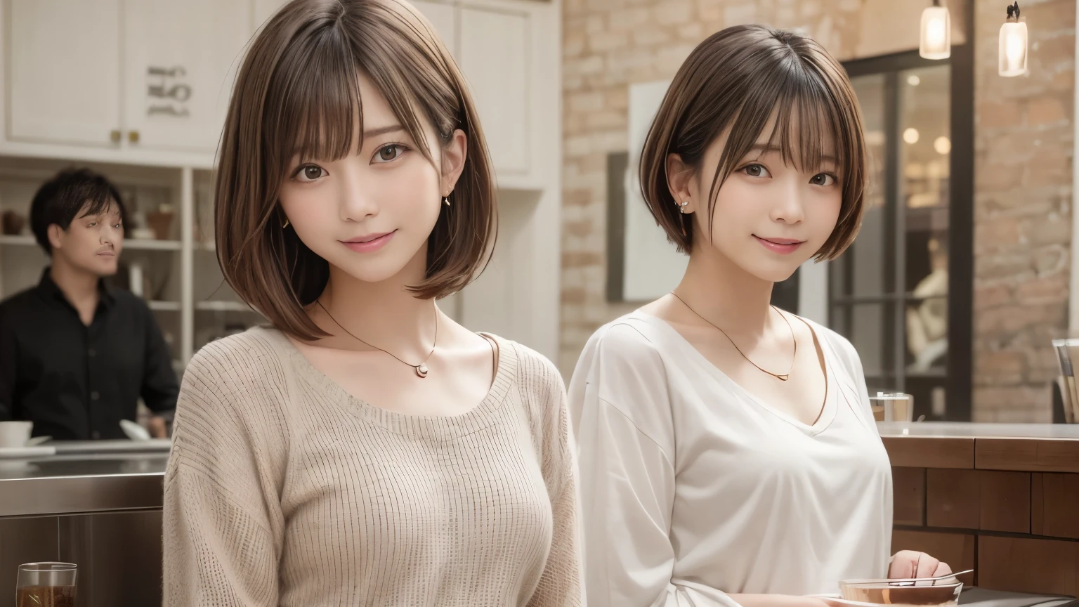 super high quality, Short Hair, Slender, Gravure photoshoot, The staff is working at the counter in the back., (8k、RAW Photos、highest quality、masterpiece:1.2), Japanese Idol, Shaggy, necklace, Stylish café, The cafe is crowded with people enjoying themselves., (Realistic、Photorealistic:1.37), Mesh Hair, Golden Ratio, Raw photo, Cute face , Light Brown Hair, Earrings, Small breasts, Blurred Background, Spring Clothes, Well-designed furniture, Beautiful hairstyle, Spoiled, Short Bob Hair, Open Cafe, Open Cafeの前に高級車, Smile, Hair blowing in the wind, Neat clothes, 18-year-old,