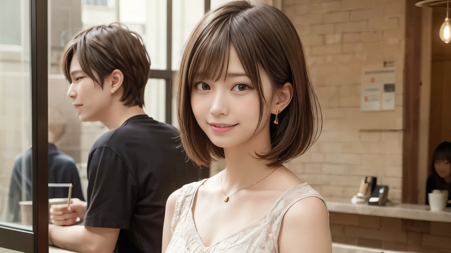 super high quality, Short Hair, Slender, Gravure photoshoot, The staff is working at the counter in the back., (8k、RAW Photos、highest quality、masterpiece:1.2), Japanese Idol, Shaggy, necklace, Stylish café, The cafe is crowded with people enjoying themselves., (Realistic、Photorealistic:1.37), Mesh Hair, Golden Ratio, Raw photo, Cute face , Light Brown Hair, Earrings, Small breasts, Blurred Background, Spring Clothes, Well-designed furniture, Beautiful hairstyle, Spoiled, Short Bob Hair, Open Cafe, Open Cafeの前に高級車, Smile, Hair blowing in the wind, Neat clothes, 18-year-old,