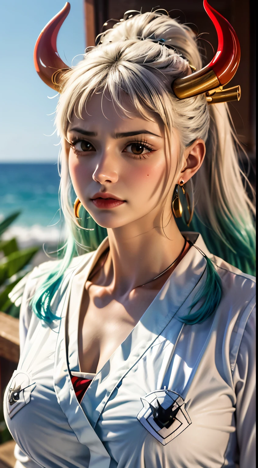 Artwork, Better Quality, 1. Mueller, High resolution, beautiful girl , yamatowanpi,Big breasted,Cleavage,White collar blouse,Looking at the camera,Bust photo,Sexy Servant,Blushing,seabed