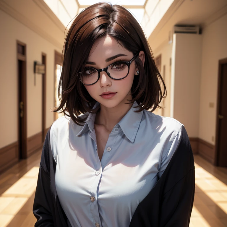 maestra lentes redondos cabello naranja ondulado corto cuerpo firme senos perfectos camisa de botones falda formal labios carnosos cara tierna 