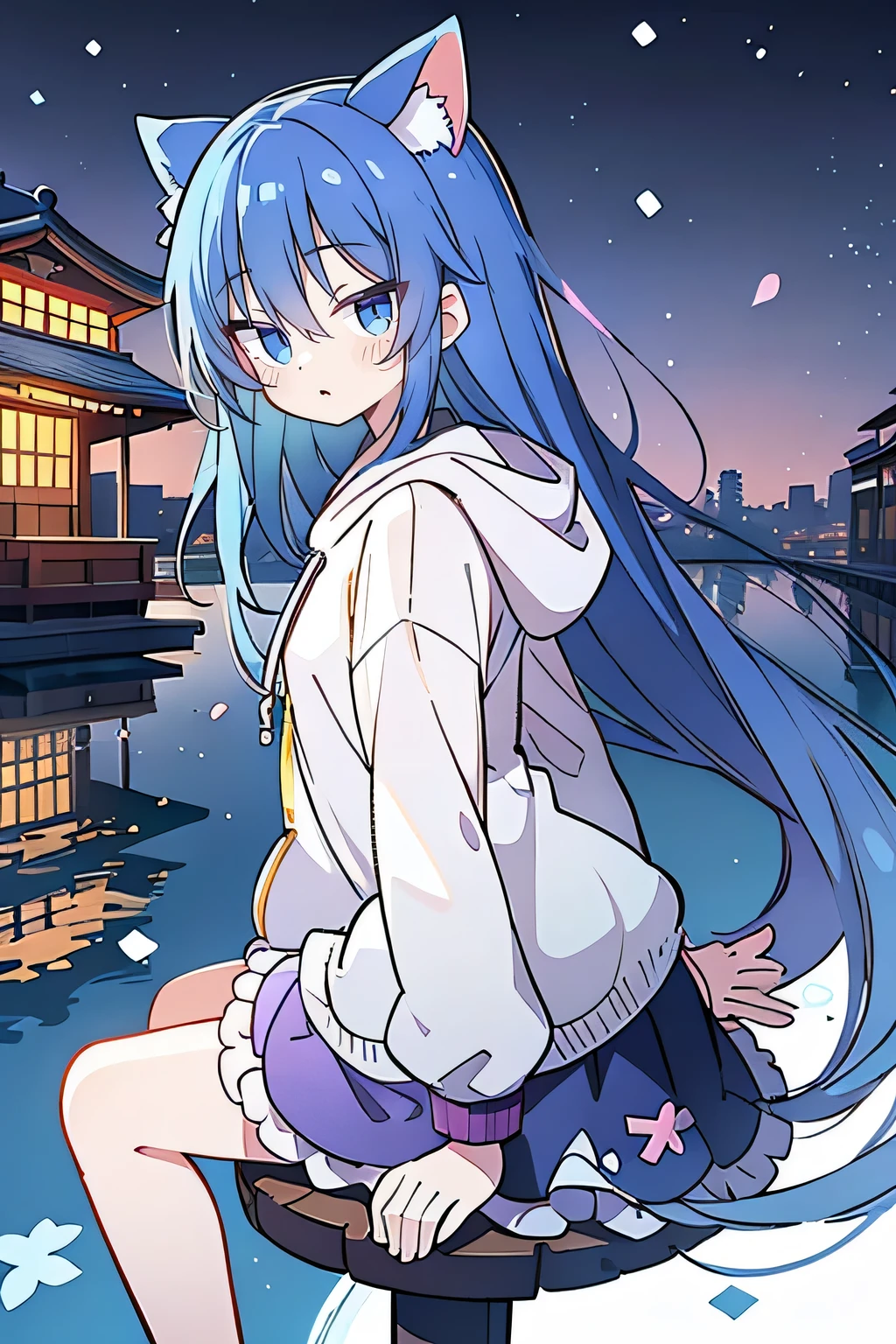 (masterpiece:1.2),Super detailed,lifelike,Expressive eyes,fair skin,perfect face shape,1 girl,
Japanese comics,Gorgeous blue hair,flowing blue hair,flowing clothes,Cat ears,Petals fall,beautiful lola,Baby Angel,
Shaking head with one hand,Cross your legs,Gentle and peaceful background,The pavilion is cool and comfortable,smile, wearing hoodie, background of tokyo,back views,snowing, winter.