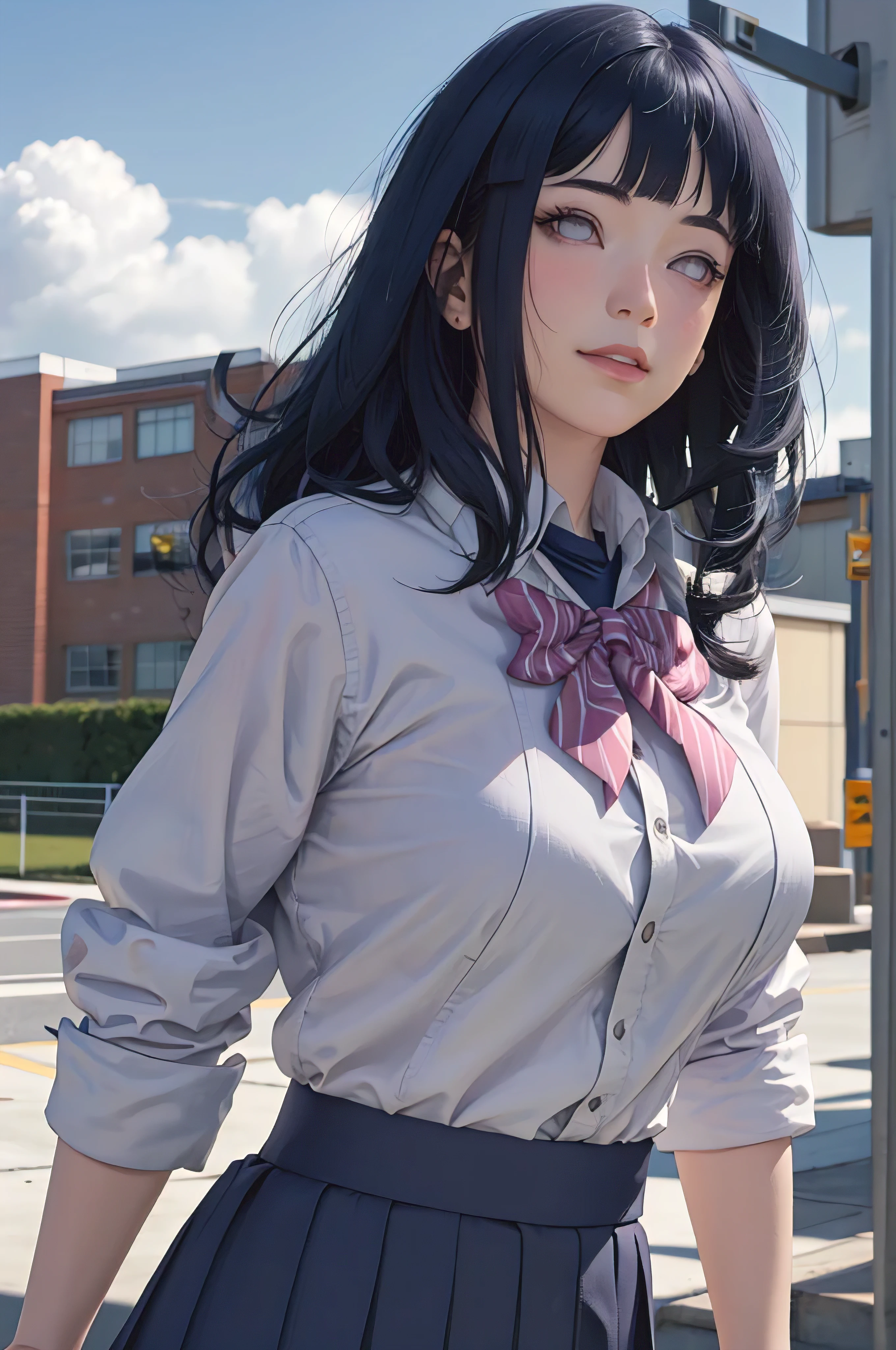 masterpiece, hinata\(boruto\), 1girl, solo, young female, ((((high school uniform)))), (high School), outdoors, looking at viewer, cloudy sky, perfect composition, detailed lips, school building, big breast, beautiful face, body propotion, blush, (pink lips), ((long hair)), purple eyes, soft gaze, sad smile, super realistic, detailed, photoshoot, realistic face and body, realistic hair, realistic eyes, realistic nose, realistic lips, (((dark blue hair))), 19 years old girl, flowing skirt