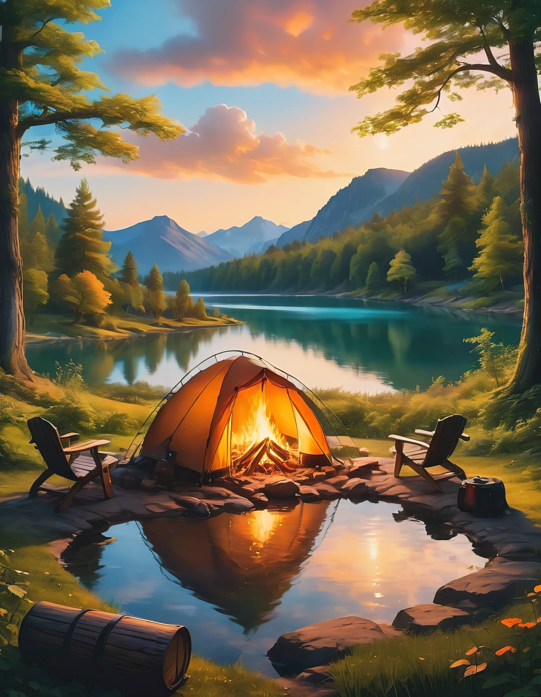 there is a tent and a chair sitting next to a fire, peaceful environment, setting in nature, camping, relaxing environment, beautiful environment, campfire in background, beautiful place, cozy place, magical environment, serene environment, all in the amazing outdoors view, barrel fires and tents, in a scenic environment, sitting in front of a lake, camp fire, peaceful and serene