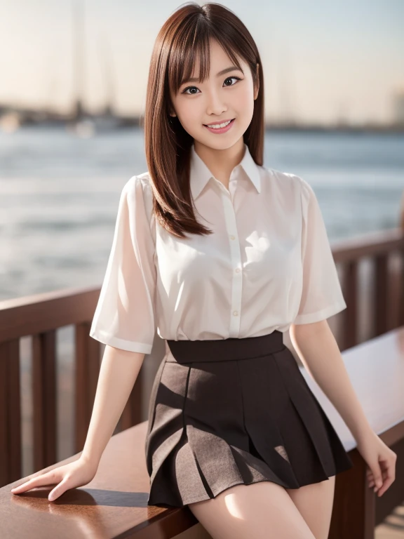 (highest quality, High resolution, Tabletop :1.3), Beautiful woman, Small breasts、Narrow waist,
Reddish sunset sky background、Clouds and sun setting over the sea, Standing beautifully in uniform、her hair is light brown, and、Medium Bob Style. She wears a white blouse and pleated skirt as her uniform. She is sitting with her legs spread, and彼女の視線はカメラに向けられている. Create this scene with a low-angle shot.、Smile