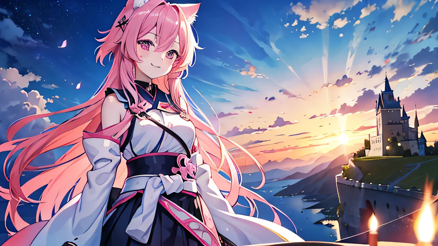 kawai anime girl looking at the horizon with a castle floating in the distance and people in the distance with powers, pink hair, happy, cat ears and panorama mode image that shows the landscape and that the girl does not look at the camera and that her entire body is seen, with a smile on her face, open her eyes, with a katana hanging on her anime waist, anime, anime!!! 4k