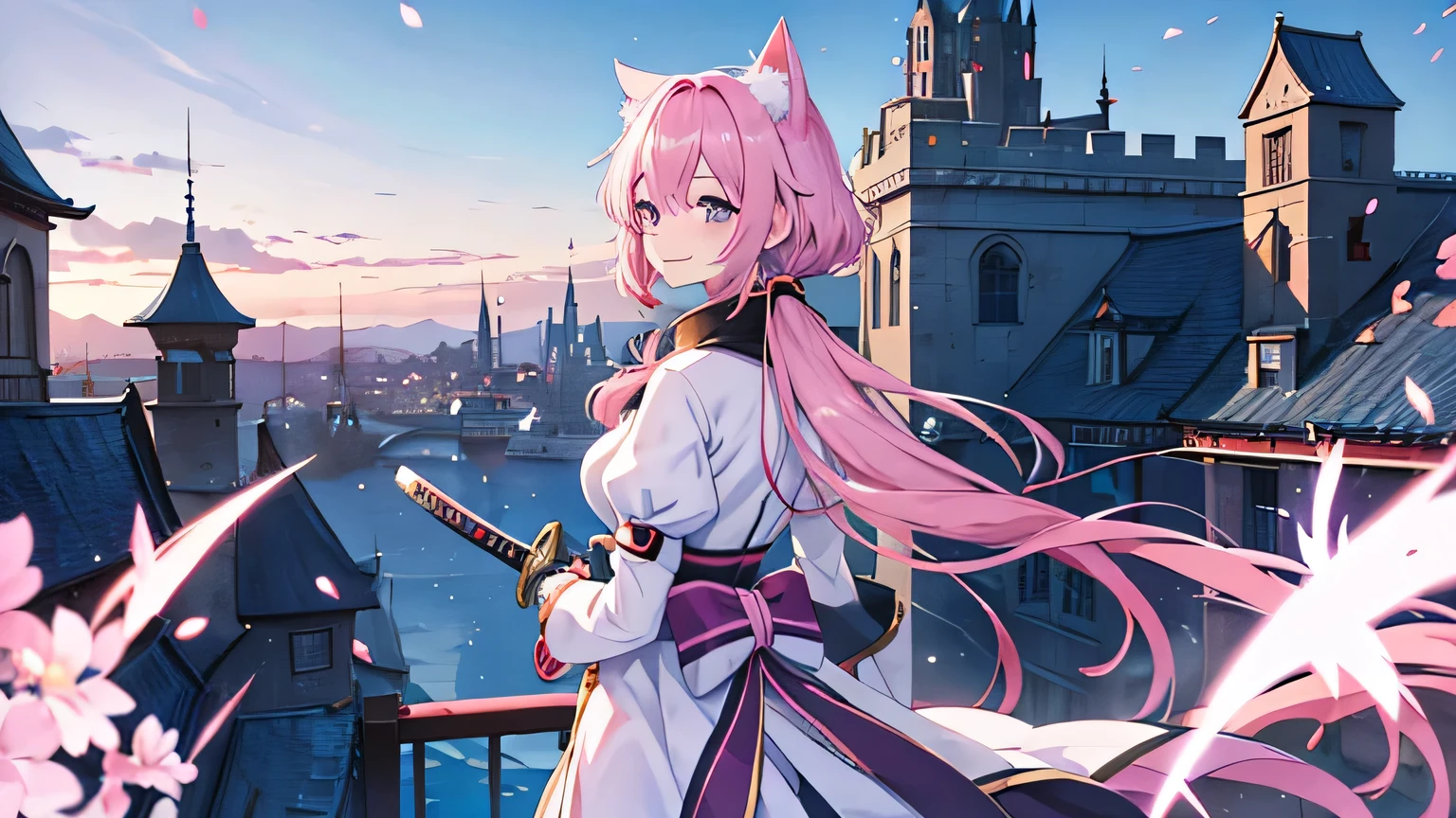 kawai anime girl looking at the horizon with a castle floating in the distance and people in the distance with powers, pink hair, happy, cat ears and panorama mode image that shows the landscape and that the girl does not look at the camera and that her entire body is seen, with a smile on her face, open her eyes, with a katana hanging on her anime waist, anime, anime!!! 4k