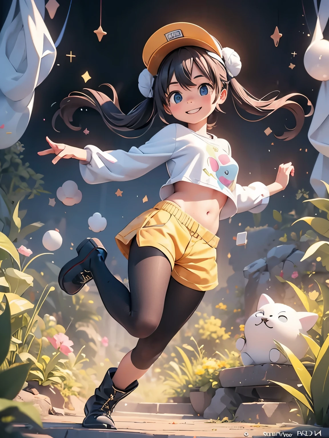 (masterpiece、highest quality、highest quality、Official Art、Beautiful and beautiful:1.2)、(One girl:1.3)Hatsune Miku、Twin tails,Big Breasts,Tabletop、highest quality、High resolution、1 girl、alone、low length、Thin legs、belly button、smile、、Dark brown hair、Hair Bun、blue eyes、長いTwin tails、Visor Cap、((black tights、boots))、Raglan sleeves、White panties、((Short yellow shorts))、shirt、Pink Ribbon、clock、plateau、overgrown with grass、A photo of a subject taken from below、(Are standing、Dancing)、Sexual pose、Are standing、Spread your legs