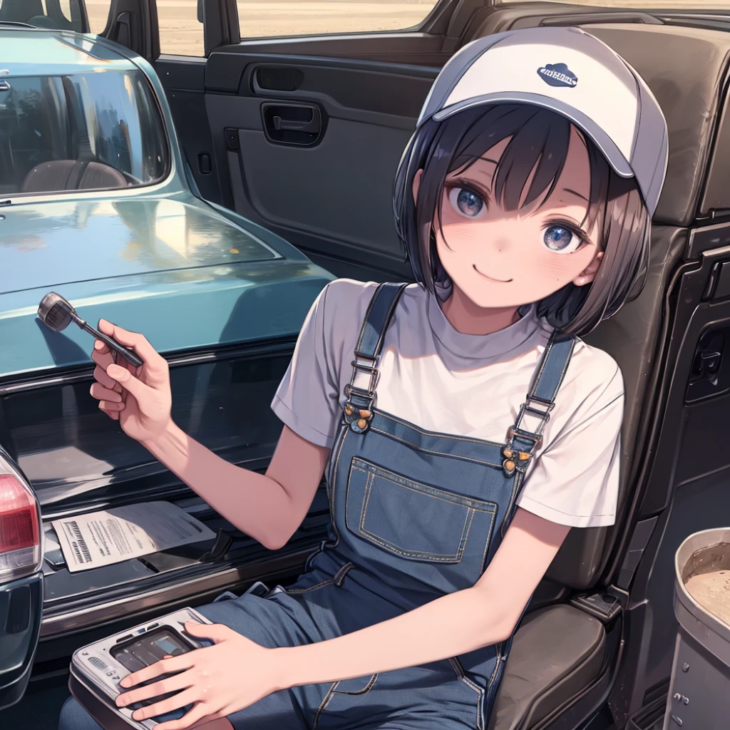 masterpiece、highest quality、High resolution、Very detailed、Close-up、Medium wide shot、Girl、Work clothes、Overalls、Short sleeve white shirt、Oil stained clothes、Automobile plant、The car is being repaired、smile、Sweat、Dirty Face、Short Hair、