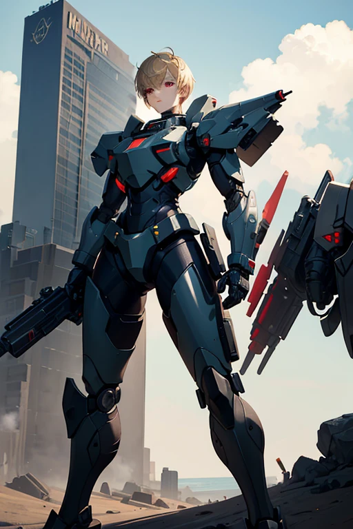 Science fiction,boyish,Blonde,Very Short Hair,Spiky hair,Hanging eyes,Sharp Eyes,Red eyes,Powered Suit,armor,Mech Suit,Heavy Armor,armor,armor,Heavy equipment,Cannon on the shoulder,Missile launcher on waist,With a huge gun,Backpack,Device,mechanical,booster equipment,1 person