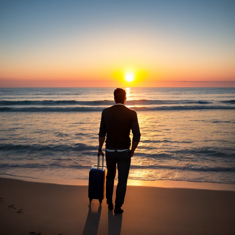 Overseas migration man, 40 years old, muscular build, wearing a casual yet sophisticated business outfit, carrying a suitcase, determined expression, standing at the pier, early morning, sunrise, faintly waving goodbye to his loved ones ashore, complexion tanned from travels, stubble on his jawline, deep-set eyes, confident gaze, cultural tattoos on his forearms, holding a passport in hand, looking towards the vast ocean with a sense of excitement and uncertainty, silhouetted against the backdrop of the rising sun.

Create a captivating visual representation of the overseas migration man with a confident and strong demeanor, embodying the spirit of adventure and