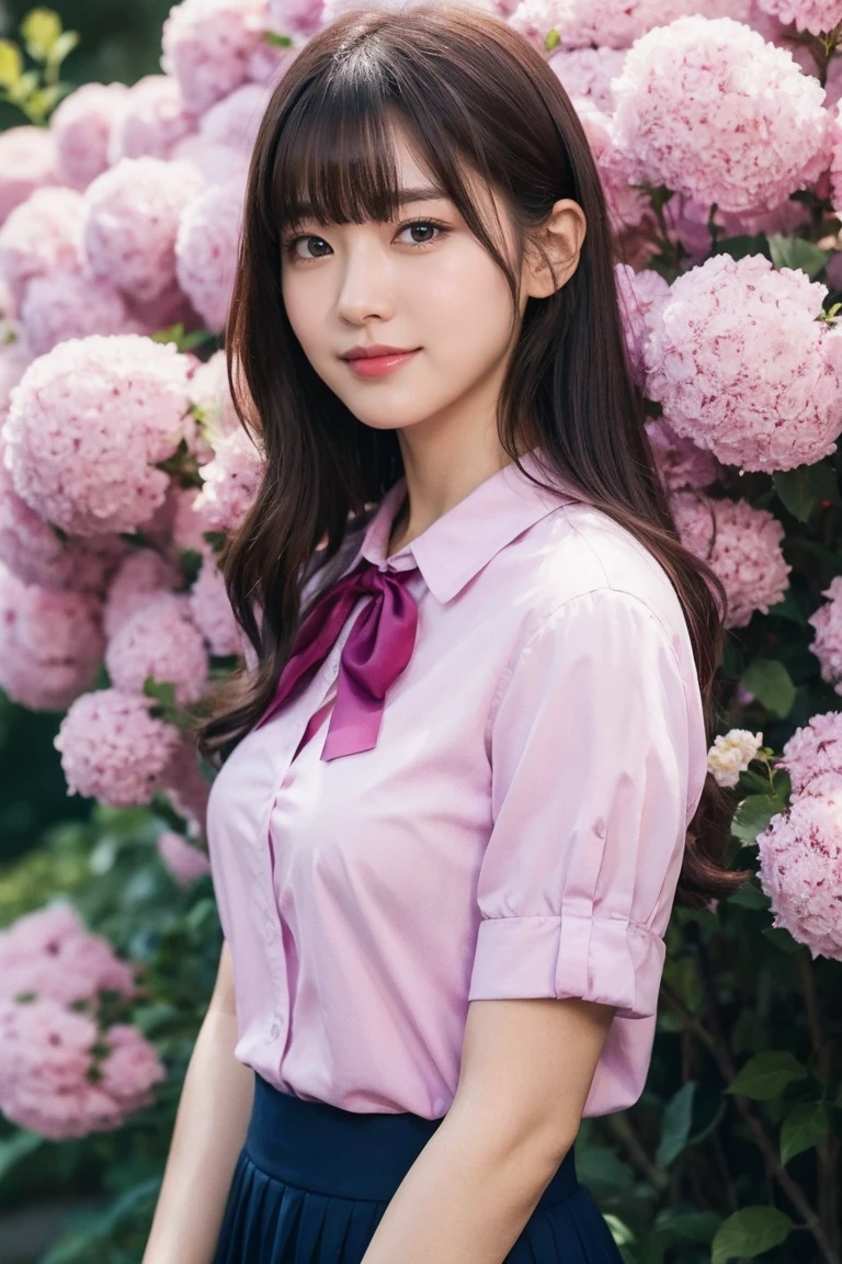 Medium display, Medium Shot, Written boundary depth, bust, Upper Body, Movie angle, masterpiece, highest quality, Very detailed, CG, 8k wallpaper, Beautiful Face, Delicate eyes, Otome, alone, smile, bangs, skirt, Purple Shirt, bow, petal, bouquet