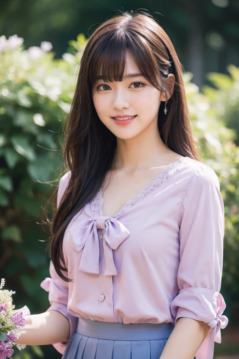 Medium display, Medium Shot, Written boundary depth, bust, Upper Body, Movie angle, masterpiece, highest quality, Very detailed, CG, 8k wallpaper, Beautiful Face, Delicate eyes, Otome, alone, smile, bangs, skirt, Purple Shirt, bow, petal, bouquet