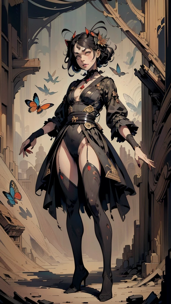 (,(masterpiece), (High resolution), (Very delicate), (masterpiece: 1.2, highest quality), whole body,(snap shot), Flat Illustration, Creepy Appearance, Unique atmosphere、A man surrounded by a multitude of insects、Grotesque background、Girl,god々Ishi costume