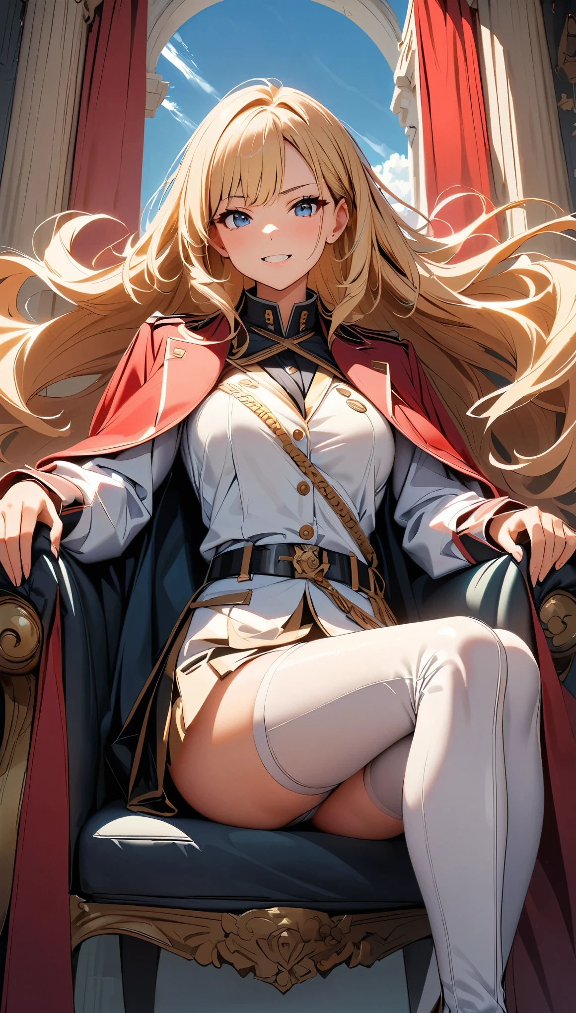 (highest quality:1.2, Very detailed, Latest, Vibrant, Ultra-high resolution, High Contrast, masterpiece:1.2, highest quality, Best aesthetics), 1 Female, Woman in military uniform, White bodysuit, Knee-high boots, Detailed equipment, Equipment attached to a belt, Extremely high quality weapon representation,, Glare, Blonde Long Hair, Flowing Hair, Shout, Intimidation, ambition, Sit in a luxurious chair, Sky curtain, Very delicate ornament, Red interior, Tapestry hanging on the wall, The light shines through, Dark Color Palette,