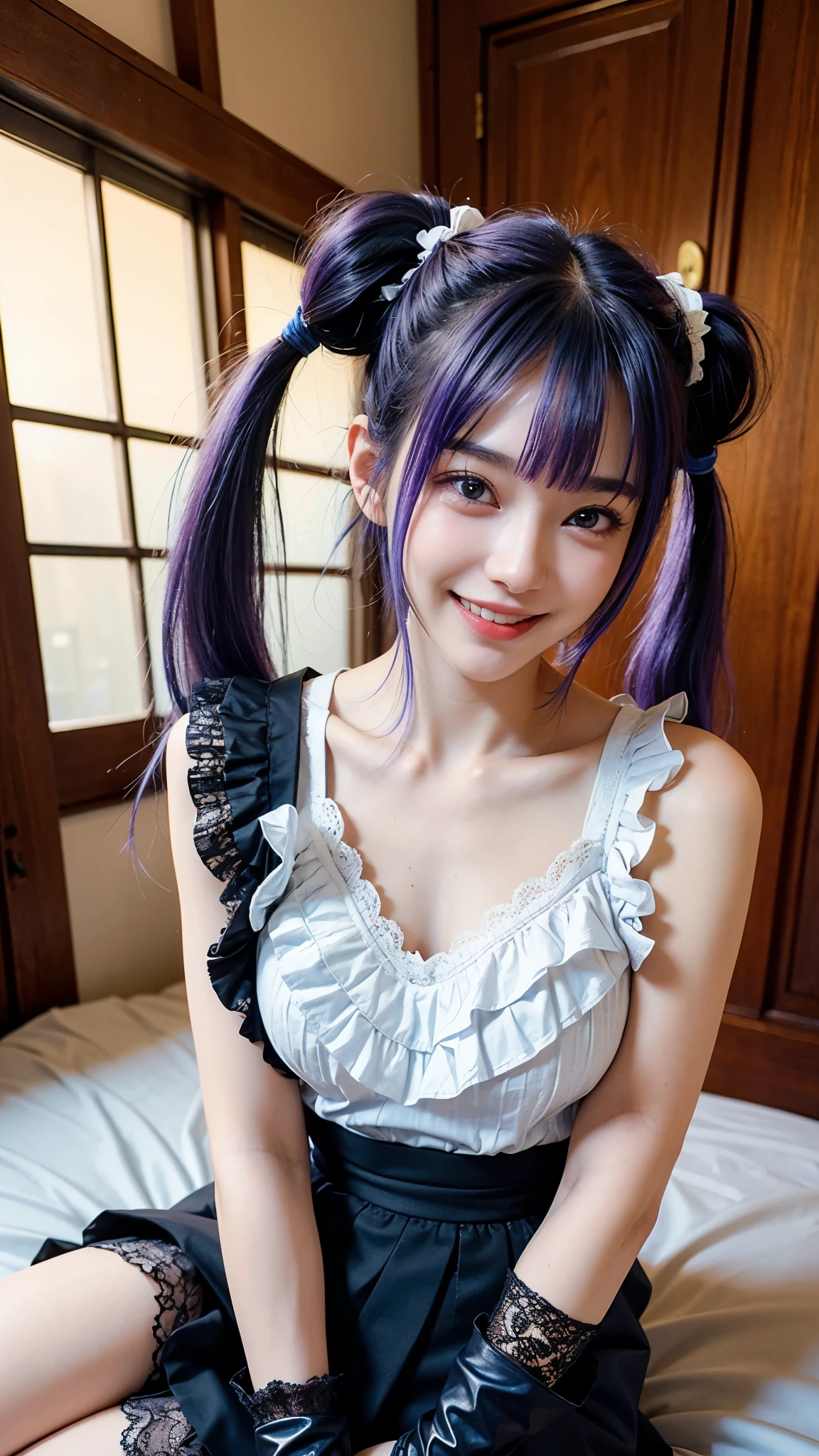 highest quality, masterpiece, Ultra-high resolution, (Realistic:1.4), (Portraiture) RAW Photos, 1 girl,24 talents((Detailed face)),(((座ったPortraiture))No bra,((Smiling with teeth showing)),((Big smile)),((Black boots and black lace gloves)),((Black sleeveless top with ruffle lace)),((White blouse under the dress)),((Black long skirt)),((Blue-purple hair in twin tails)),((Cap Chestnut)),((Short bangs)),Realistic,Image Media Chest)),
