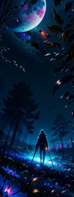 expansive landscape photograph , (a view from below that shows sky above and open field below), a girl standing on flower field looking up, (full moon:1.2), ( shooting stars:0.9), (nebula:1.3), distant mountain, tree BREAK
production art, (warm light source:1.2), (Firefly:1.2), lamp, lot of purple and orange, intricate details, volumetric lighting BREAK
(masterpiece:1.2), (best quality), 4k, ultra-detailed, (dynamic composition:1.4), highly detailed, colorful details,( iridescent colors:1.2), (glowing lighting, atmospheric lighting), dreamy, magical, (solo:1.2)