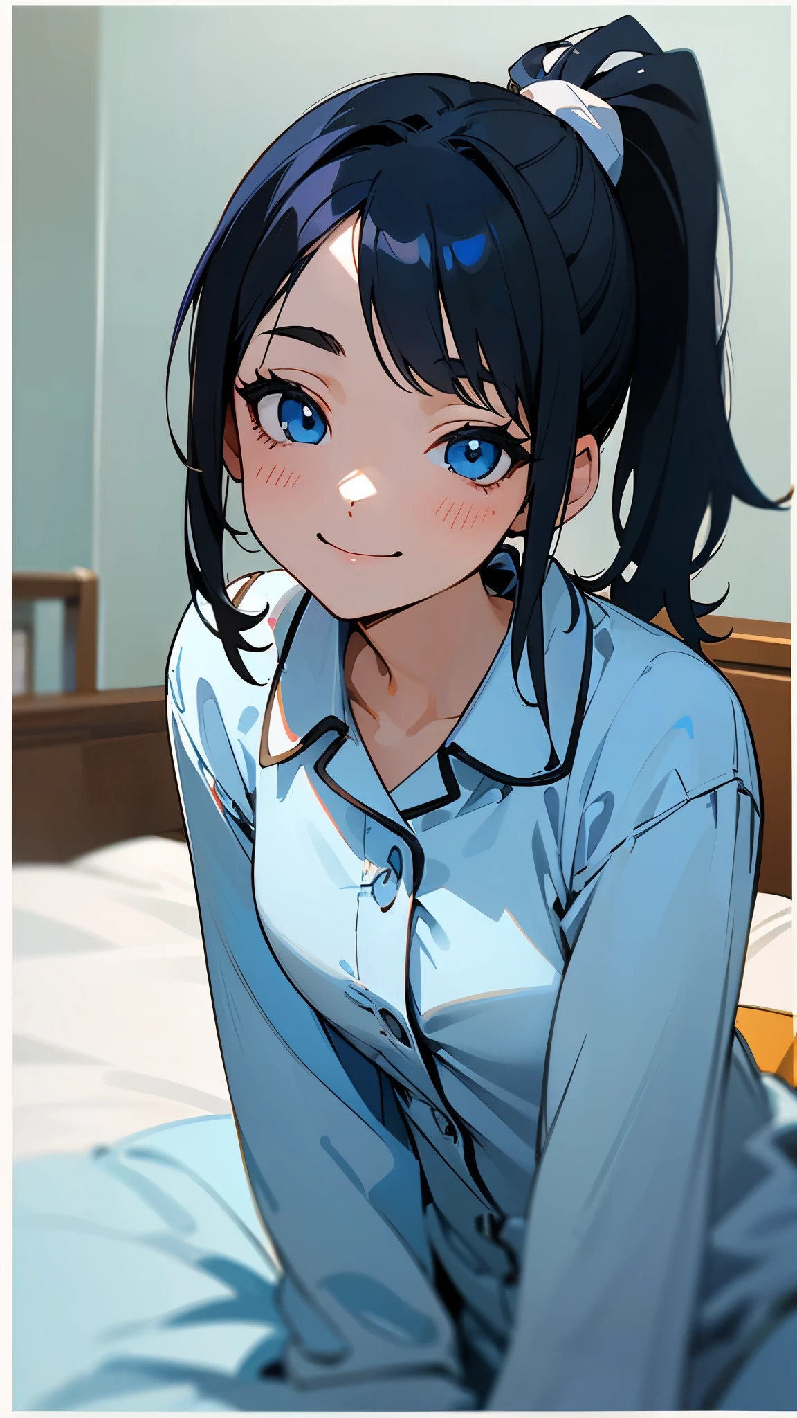 18-year-old girl sitting on bed、alone、Split seat、Anime style painting、Wearing pajamas、Black Hair, Side Ponytail、Beautiful blue eyes、smile、smile、The soft texture of pajamas、Upper body close-up、White and blue colour scheme、Background Blur、Depth of the drawn border