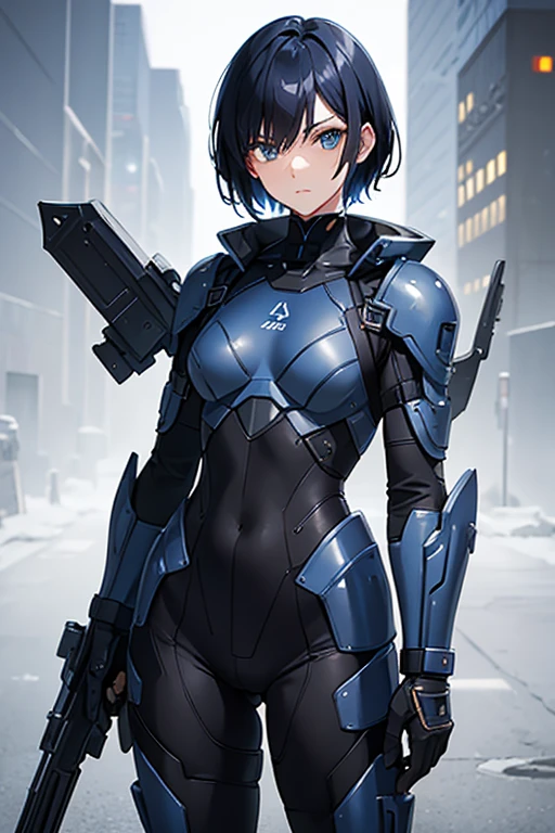 Dark blue hair,short hair,neutral,boyish,Hiding one eye,slender,Rin々A funny face,Powered Suit,Reinforced Suit,Black suit,mechanical,Science fiction,Black sleeveless coat,With a sword,headgear,Small breasts,Small breasts,Flat Chest,tall,Slightly muscular,Handsome,The innerwear is a bodysuit,Armament,Pilot Suit,Hard boots,armor,Carrying a rifle,Chest protector,Protector on shoulder,I put on a coat,Waist device,1 person
