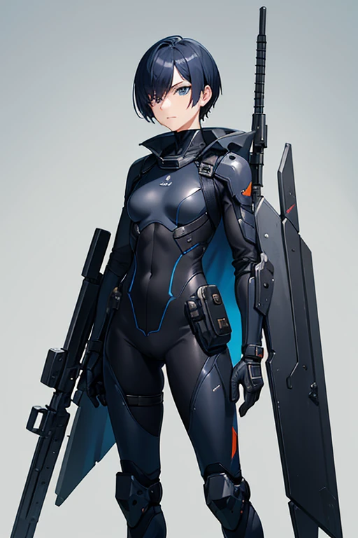 Dark blue hair,short hair,neutral,boyish,Hiding one eye,slender,Rin々A funny face,Powered Suit,Reinforced Suit,Black suit,mechanical,Science fiction,Black sleeveless coat,With a sword,headgear,Small breasts,Small breasts,Flat Chest,tall,Slightly muscular,Handsome,The innerwear is a bodysuit,Armament,Pilot Suit,Hard boots,armor,Carrying a rifle,Chest protector,Protector on shoulder,I put on a coat,Waist device,1 person