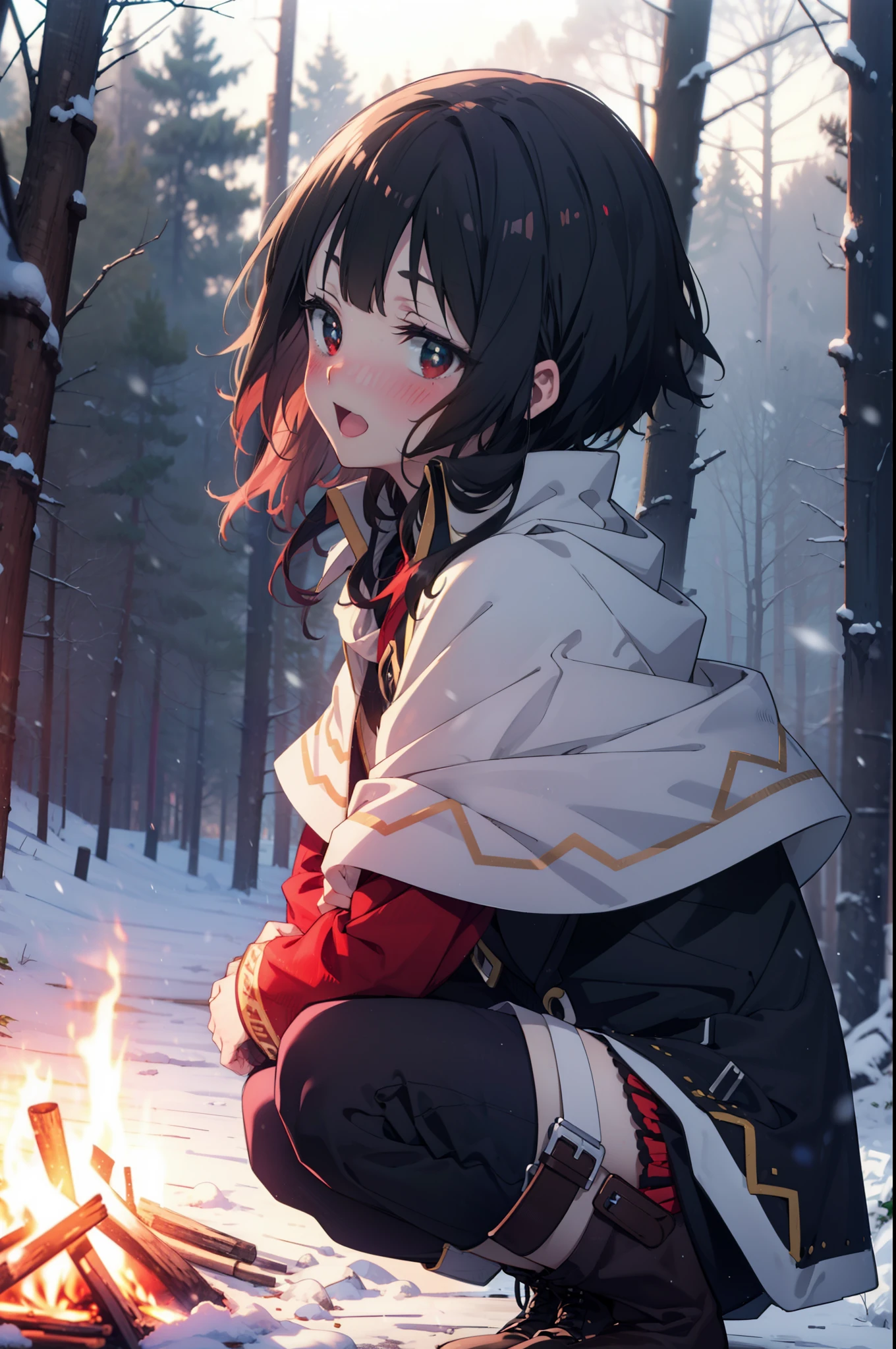 konosubaMegumin, Megumin, short hair, Black Hair, (Red eyes:1.3), short hair with long locks,happy smile,blush,White Breath,
Open your mouth,snow,A bonfire on the ground, Outdoor, boots, snowing, From the side, wood, suitcase, Cape, Blurred, Increase your meals, forest, White handbag, nature, Squat, Mouth closed, フードed Cape, winter, Written boundary depth, Black shoes, red Cape break looking at viewer, Upper Body, whole body, break Outdoor, forest, nature, break (masterpiece:1.2), highest quality, High resolution, unity 8k wallpaper, (shape:0.8), (Beautiful and beautiful eyes:1.6), Highly detailed face, Perfect lighting, Highly detailed CG, (Perfect hands, Perfect Anatomy),