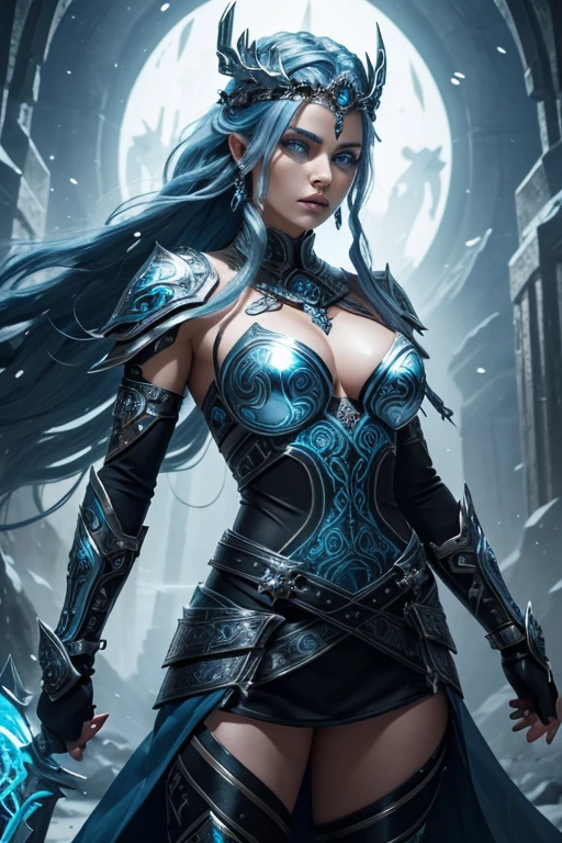 An imposing creature rises, her body adorned with armor in the colors of blue and white. The armor is etched with Nordic symbols and frosty runes, while icy flames surge from her wild metallic silver shiny flowing wavy braided hair. She has a warriors face, deadly glowing emerald eyes, high defined cheekbones, tribal face tattoos. A helm-like headdress crowns her head, a fusion of modern metals and ancient relics, creating an aura of coldness and power around her. Her weapons, a blend of futuristic blades and Nordic artifacts, are surrounded by the mentioned colors, poised to shatter anything that stands in her way.