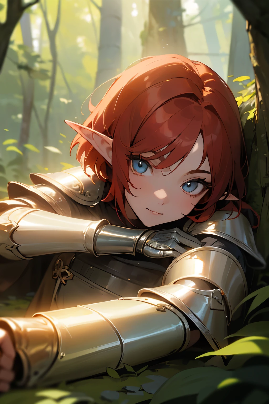 UHD, masterpiece, high details, high quality, best quality, HD, Perfect eyes, (close-up), (1Elf, 23 years girl, slim body, (very short) red hair, light amber eyes, wearing silver medieval light armor), (in a forest)