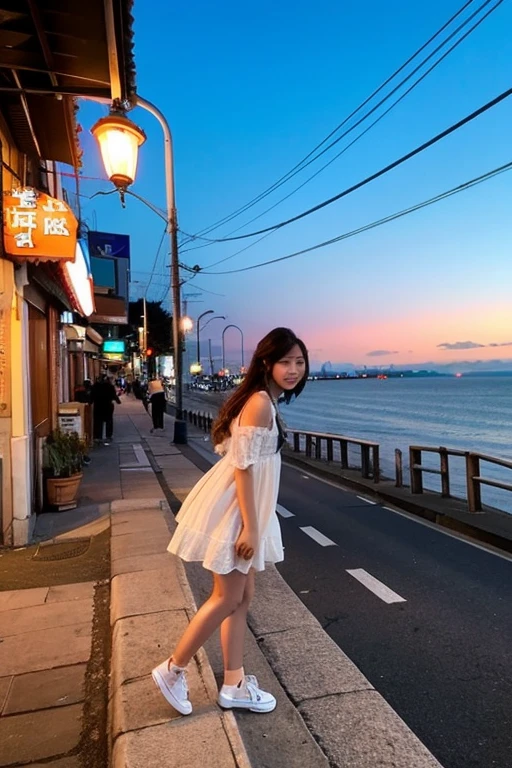 clear、Stand still、girl、Beautiful、street、Seaside、Slope、白くBeautifulな女性、evening、凄くBeautifulな夕日、