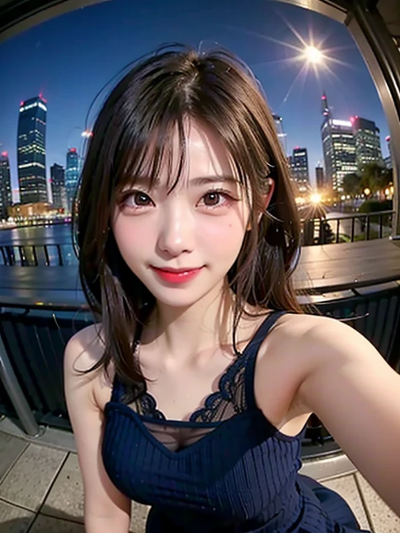 One Girl, Fisheye Lens, Selfie, Wind, Messy Hair, sunset, Cityscape, (Aesthetics and atmosphere:1.2),smile、Sweat shows through underwear、Sheer lace々She wears a dress