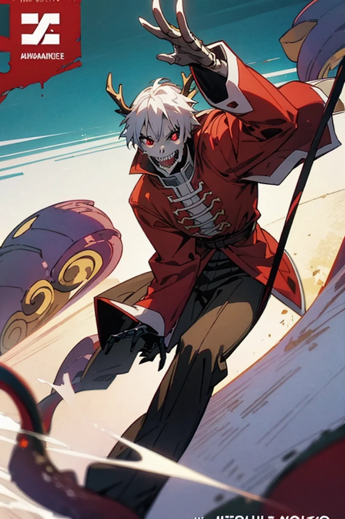 ((illustration)), (best quality)), ((masterpiece)), (detailed), ((tentacles)), RedGarb, solo, 1boy, male focus, long sleeves, skull, ((short white hair))), (antlers), red eyes, sharp teeth, open mouth, laughing, long tongue, stark_sousou_no_frieren, comic cover, ruins, fullbody, cinematic, dynamic, splash art: 2