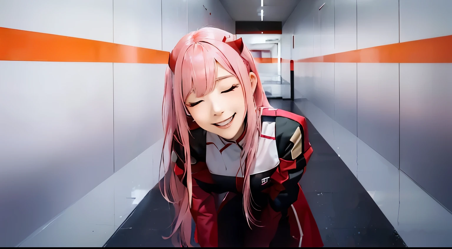girl with pink hair and a red uniform in a hallway, zero two, she has a cute expressive face, smiling with eyes closed, leaning forward, 1 inch red horns near front of head