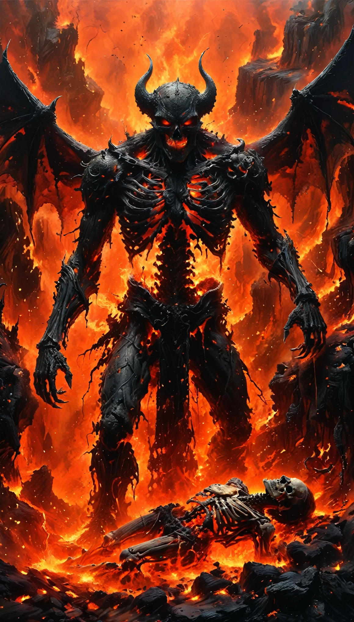 (high quality, detailed, realistic:1.37), (horror, dark, demonic) (1 demon，Its body is made of lava.:1.5)。lava demon and demon knight struggle in the open court of hell. A bride, (chained; shackled; bound) stands elevated above, with flowing lava, lava waterfall, cracks, viscous liquid among (skulls, skeleton) scattered on the ground.Linked to the shoulder blade and ankle
