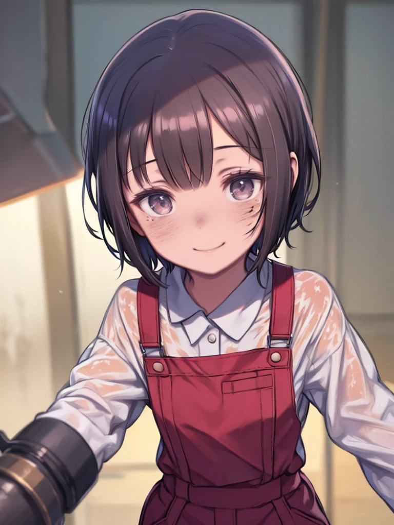 masterpiece、highest quality、High resolution、Very detailed、Close-up、Medium wide shot、Girl、Work clothes、Jumpsuit、Coveralls、((Oil stained clothes、Dirty Face))、Have a tool、factory、smile、Sweat、Short Hair、