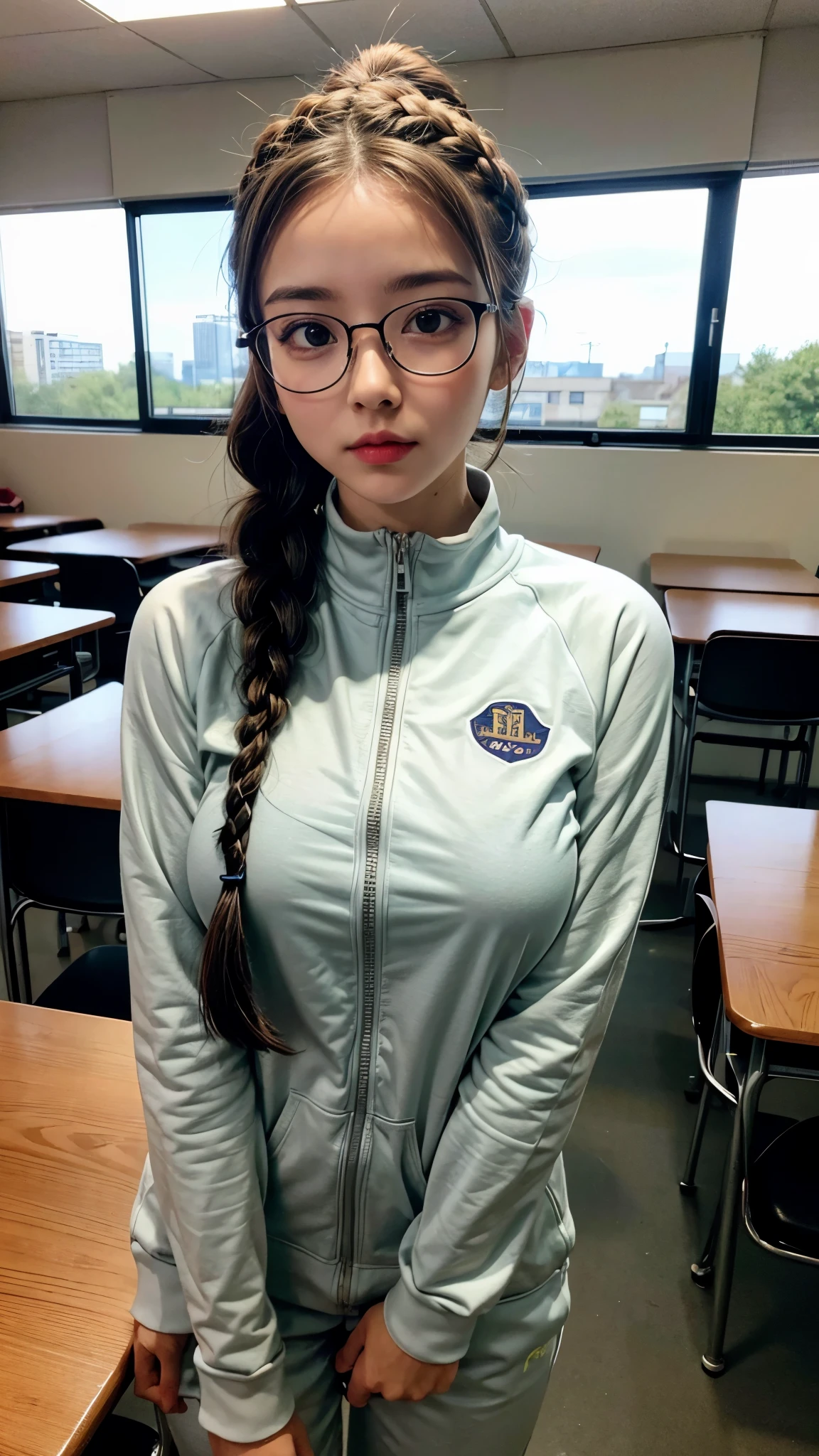 Best quality: 1.4, high resolution, perfect lighting, 1 girl, big tits, glasses, braids, Tracksuit, classroom