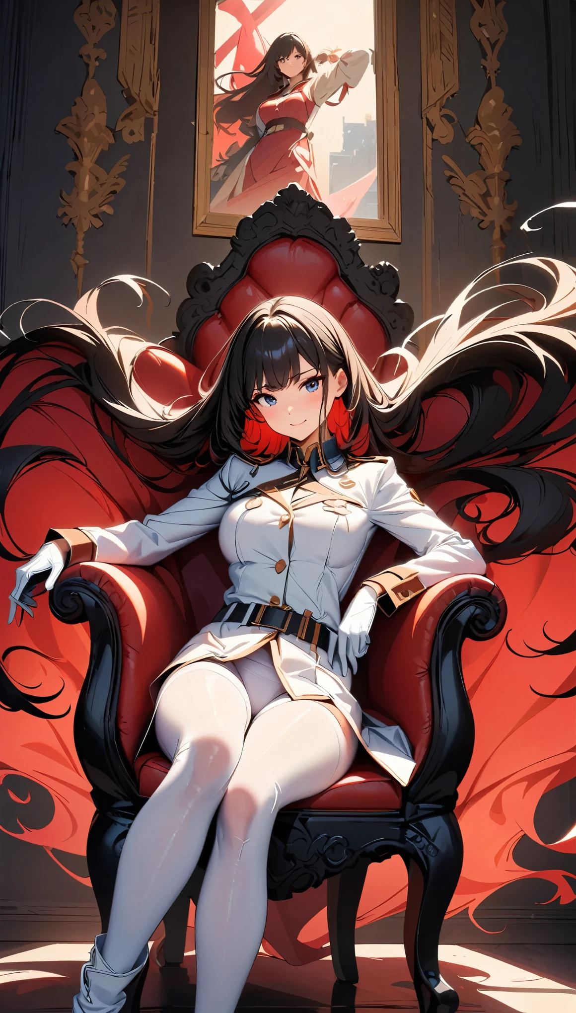 (highest quality:1.2, Very detailed, Latest, Vibrant, Ultra-high resolution, High Contrast, masterpiece:1.2, highest quality, Best aesthetics), 1 Female, Woman in military uniform, White bodysuit, Knee-high boots, Detailed equipment, Equipment attached to a belt, Extremely high quality weapon representation,, Glare, Long black hair, Flowing Hair, Shout, Intimidation, ambition, Sit in a luxurious chair, Sky curtain, Very delicate ornament, Red interior, Tapestry hanging on the wall, The light shines through, Dark Color Palette