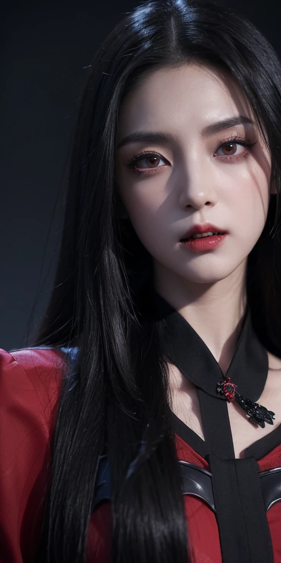(Very detailed 8k 壁紙),(Very detailed),(highest quality),(masterpiece),(Portrait),(Very detailed),(Cinema Lighting),(Sword and magic world background),(((Beautiful girl))),Long black hair,Red eyes,Gorgeous clothes,(((Vampire image))),Red clothes,(Beautiful and clear eyes),((Expression of madness)),(((Ominous expressions)))